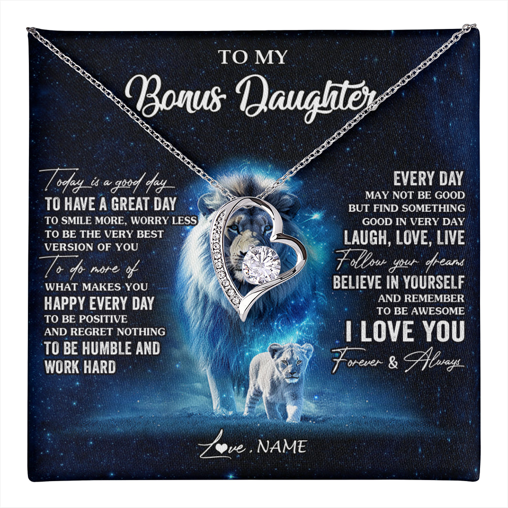 Forever Love Necklace 14K White Gold Finish | 1 | Personalized To My Bonus Daughter Lion Necklace From Stepdad Today Is A Good Day Stepdaughter Gifts Birthday Jewelry Christmas Customized Gift Box Message Card | teecentury