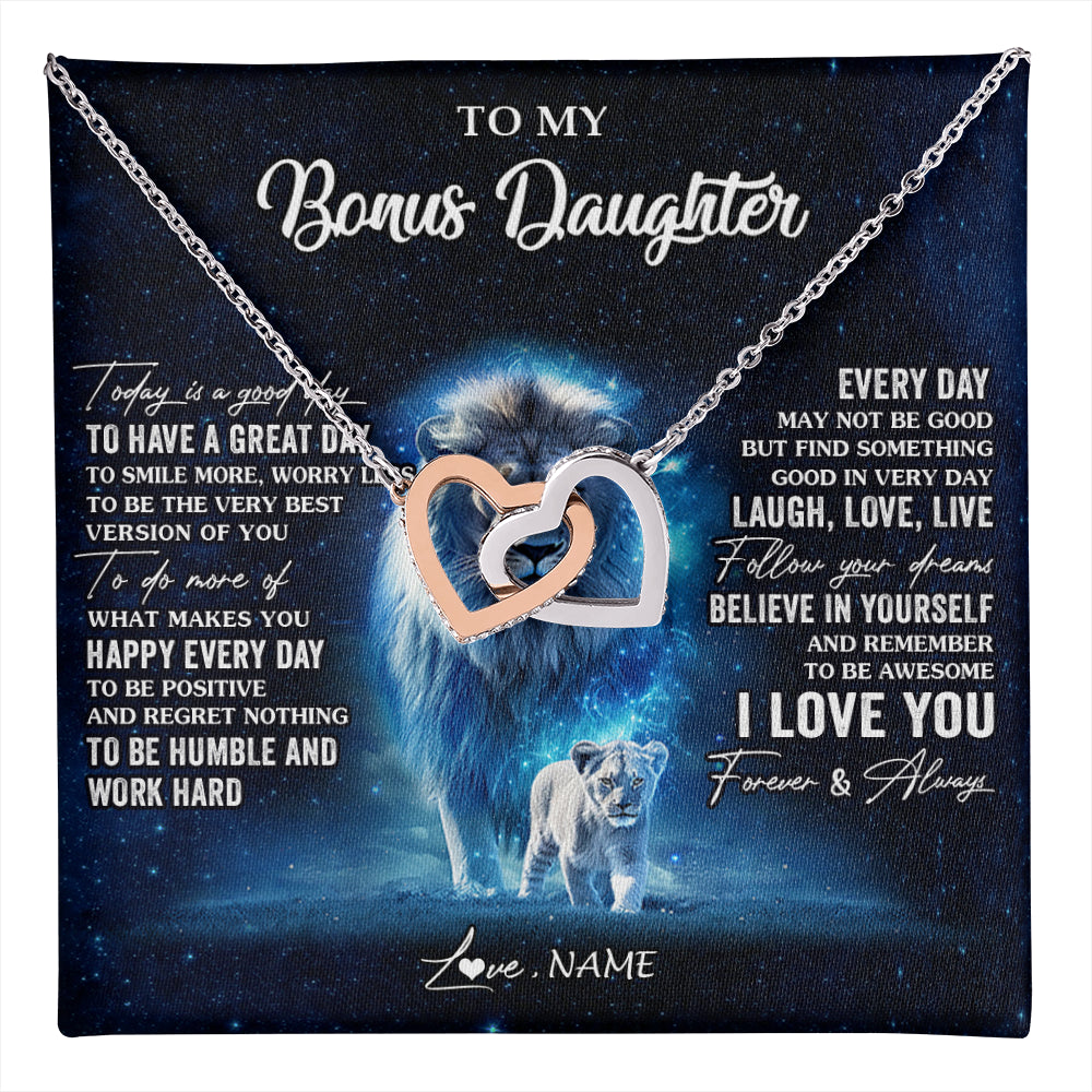 Interlocking Hearts Necklace Stainless Steel & Rose Gold Finish | 1 | Personalized To My Bonus Daughter Lion Necklace From Stepdad Today Is A Good Day Stepdaughter Gifts Birthday Jewelry Christmas Customized Gift Box Message Card | teecentury