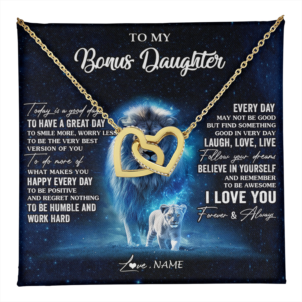 Interlocking Hearts Necklace 18K Yellow Gold Finish | 1 | Personalized To My Bonus Daughter Lion Necklace From Stepdad Today Is A Good Day Stepdaughter Gifts Birthday Jewelry Christmas Customized Gift Box Message Card | teecentury