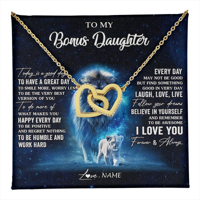 Interlocking Hearts Necklace 18K Yellow Gold Finish | 1 | Personalized To My Bonus Daughter Lion Necklace From Stepdad Today Is A Good Day Stepdaughter Gifts Birthday Jewelry Christmas Customized Gift Box Message Card | teecentury