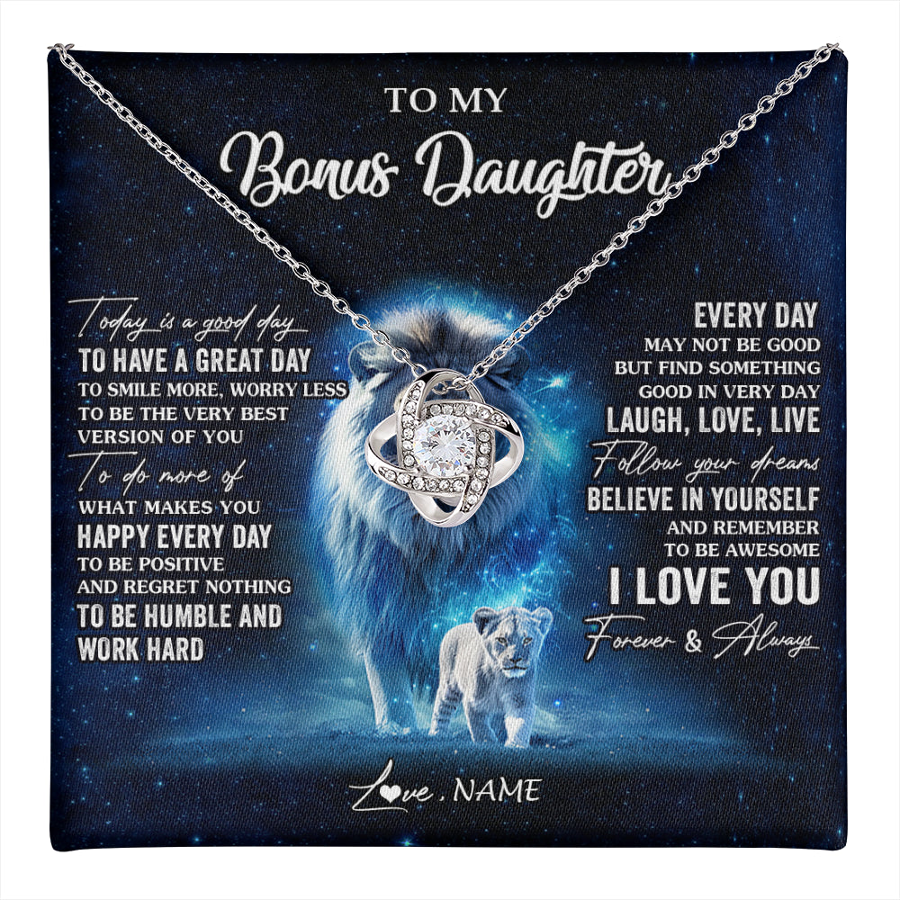 Love Knot Necklace 14K White Gold Finish | 1 | Personalized To My Bonus Daughter Lion Necklace From Stepdad Today Is A Good Day Stepdaughter Gifts Birthday Jewelry Christmas Customized Gift Box Message Card | teecentury