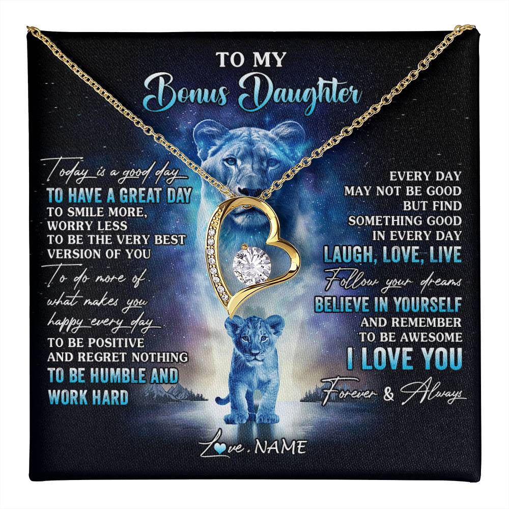 Forever Love Necklace 18K Yellow Gold Finish | 1 | Personalized To My Bonus Daughter Lion Necklace From Stepmom Every Day Laugh Love Live Stepdaughter Birthday Christmas Customized Gift Box Message Card | teecentury