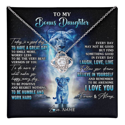 Love Knot Necklace 14K White Gold Finish | 1 | Personalized To My Bonus Daughter Lion Necklace From Stepmom Every Day Laugh Love Live Stepdaughter Birthday Christmas Customized Gift Box Message Card | teecentury