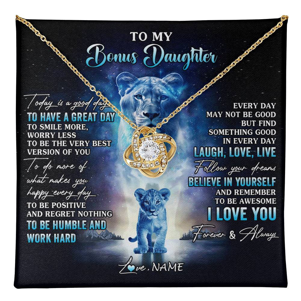 Love Knot Necklace 18K Yellow Gold Finish | 1 | Personalized To My Bonus Daughter Lion Necklace From Stepmom Every Day Laugh Love Live Stepdaughter Birthday Christmas Customized Gift Box Message Card | teecentury