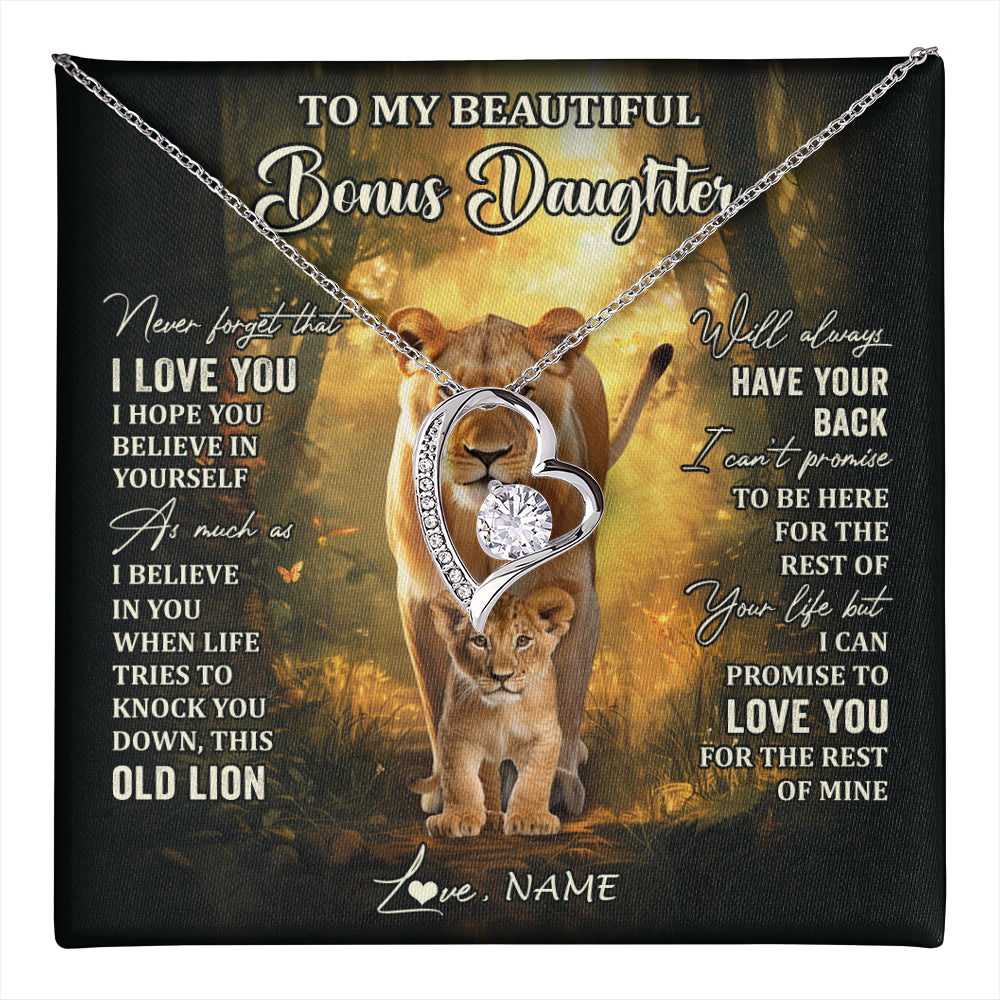 Forever Love Necklace 14K White Gold Finish | 1 | Personalized To My Bonus Daughter Lion Necklace From Stepmom Never Forget That I Love You Stepdaughter Birthday Christmas Customized Gift Box Message Card | teecentury