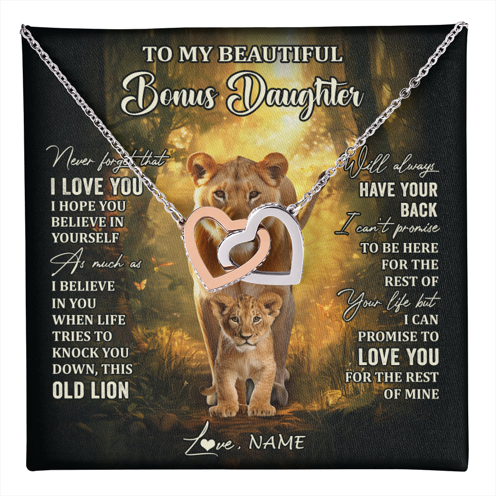 Interlocking Hearts Necklace Stainless Steel & Rose Gold Finish | 1 | Personalized To My Bonus Daughter Lion Necklace From Stepmom Never Forget That I Love You Stepdaughter Birthday Christmas Customized Gift Box Message Card | teecentury