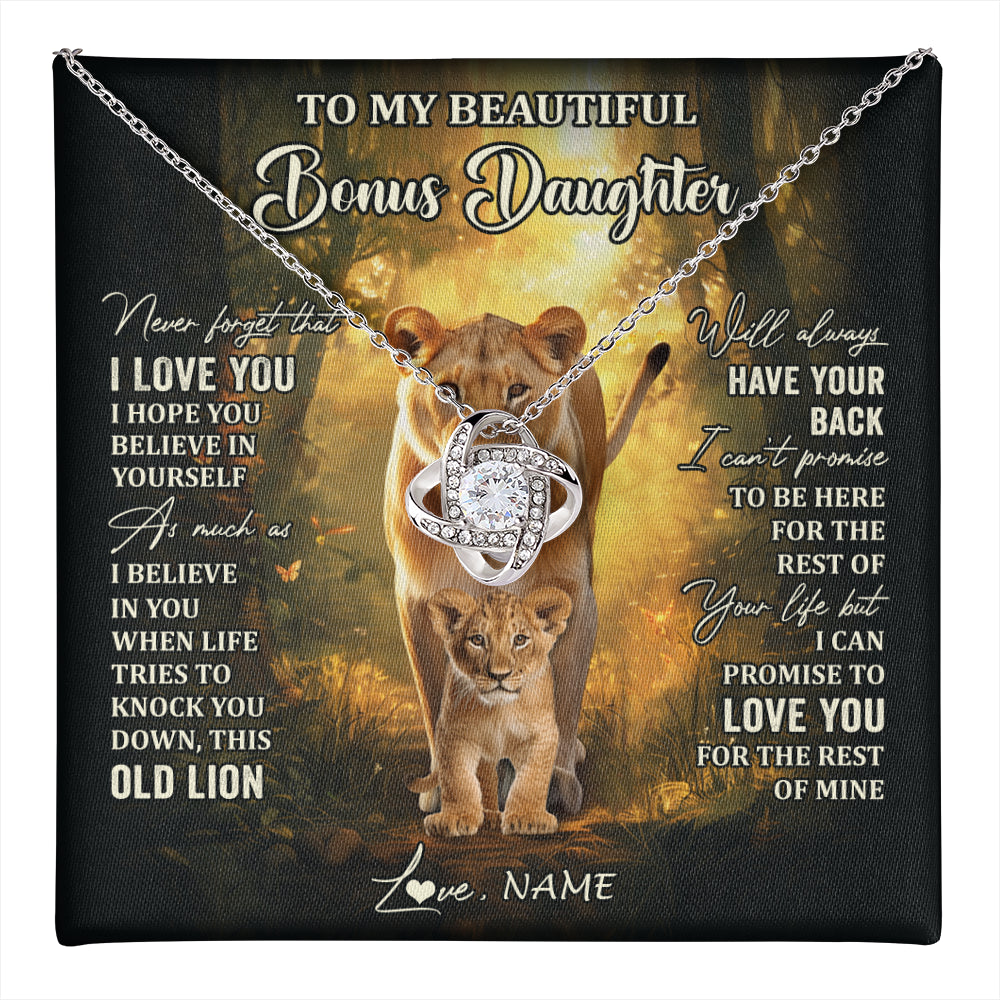 Love Knot Necklace 14K White Gold Finish | 1 | Personalized To My Bonus Daughter Lion Necklace From Stepmom Never Forget That I Love You Stepdaughter Birthday Christmas Customized Gift Box Message Card | teecentury