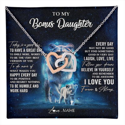 Interlocking Hearts Necklace Stainless Steel & Rose Gold Finish | 1 | Personalized To My Bonus Daughter Lion Necklace From Stepmom Today Is A Good Day Stepdaughter Gifts Birthday Jewelry Christmas Customized Gift Box Message Card | teecentury