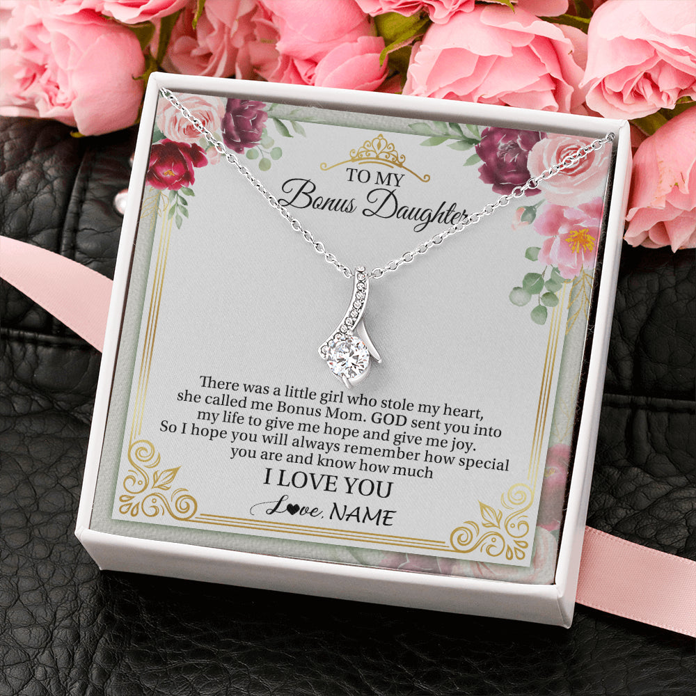 Alluring Beauty Necklace 14K White Gold Finish | 2 | Personalized To My Bonus Daughter Necklace From Bonus Mom There Was A Little Girl Stepddaughter Birthday Jewelry Christmas Customized Gift Box Message Card | teecentury
