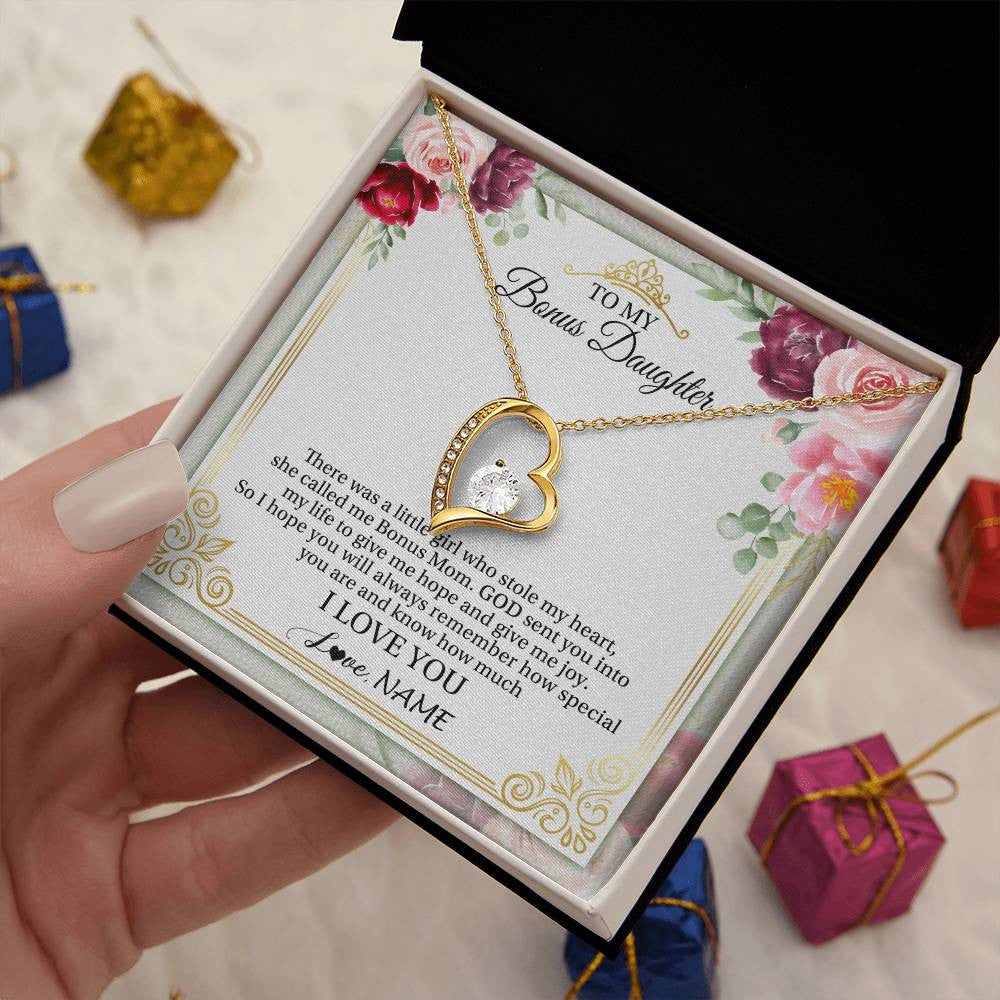 Forever Love Necklace 18K Yellow Gold Finish | 2 | Personalized To My Bonus Daughter Necklace From Bonus Mom There Was A Little Girl Stepddaughter Birthday Jewelry Christmas Customized Gift Box Message Card | teecentury