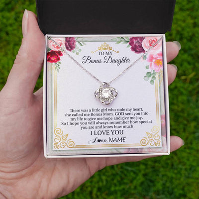 Love Knot Necklace 14K White Gold Finish | 2 | Personalized To My Bonus Daughter Necklace From Bonus Mom There Was A Little Girl Stepddaughter Birthday Jewelry Christmas Customized Gift Box Message Card | teecentury