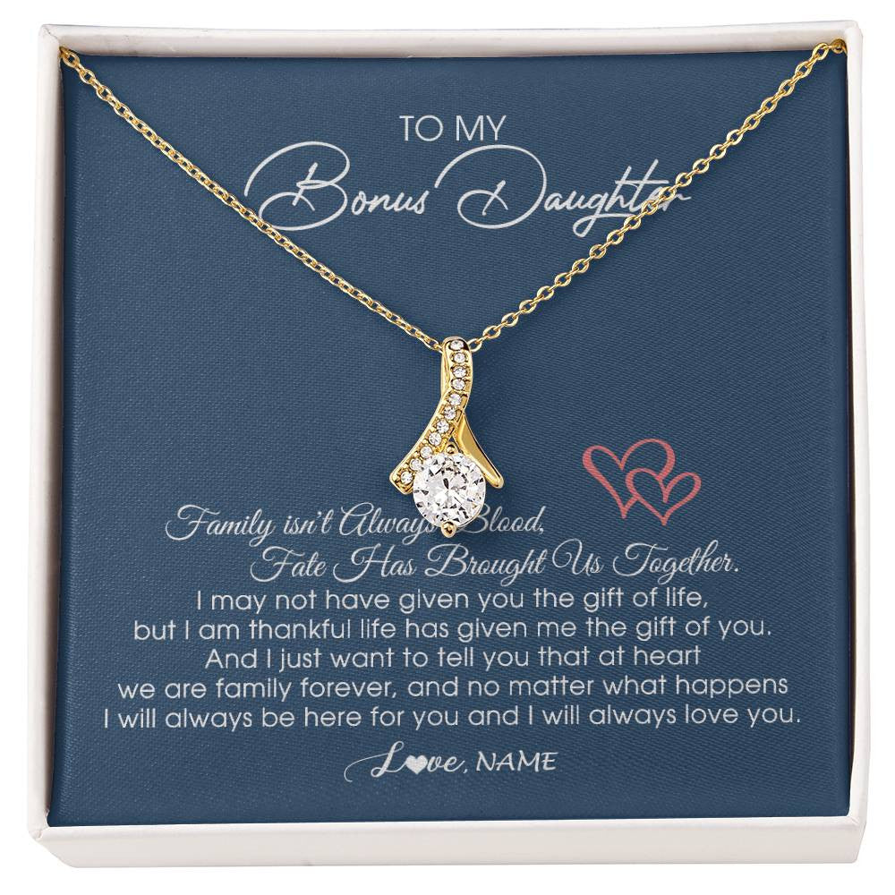 Alluring Beauty Necklace 18K Yellow Gold Finish | Personalized To My Bonus Daughter Necklace From Mom Dad We Are Family Forever Jewelry Step Daughter Pendant Birthday Christmas Customized Gift Box Message Card | teecentury