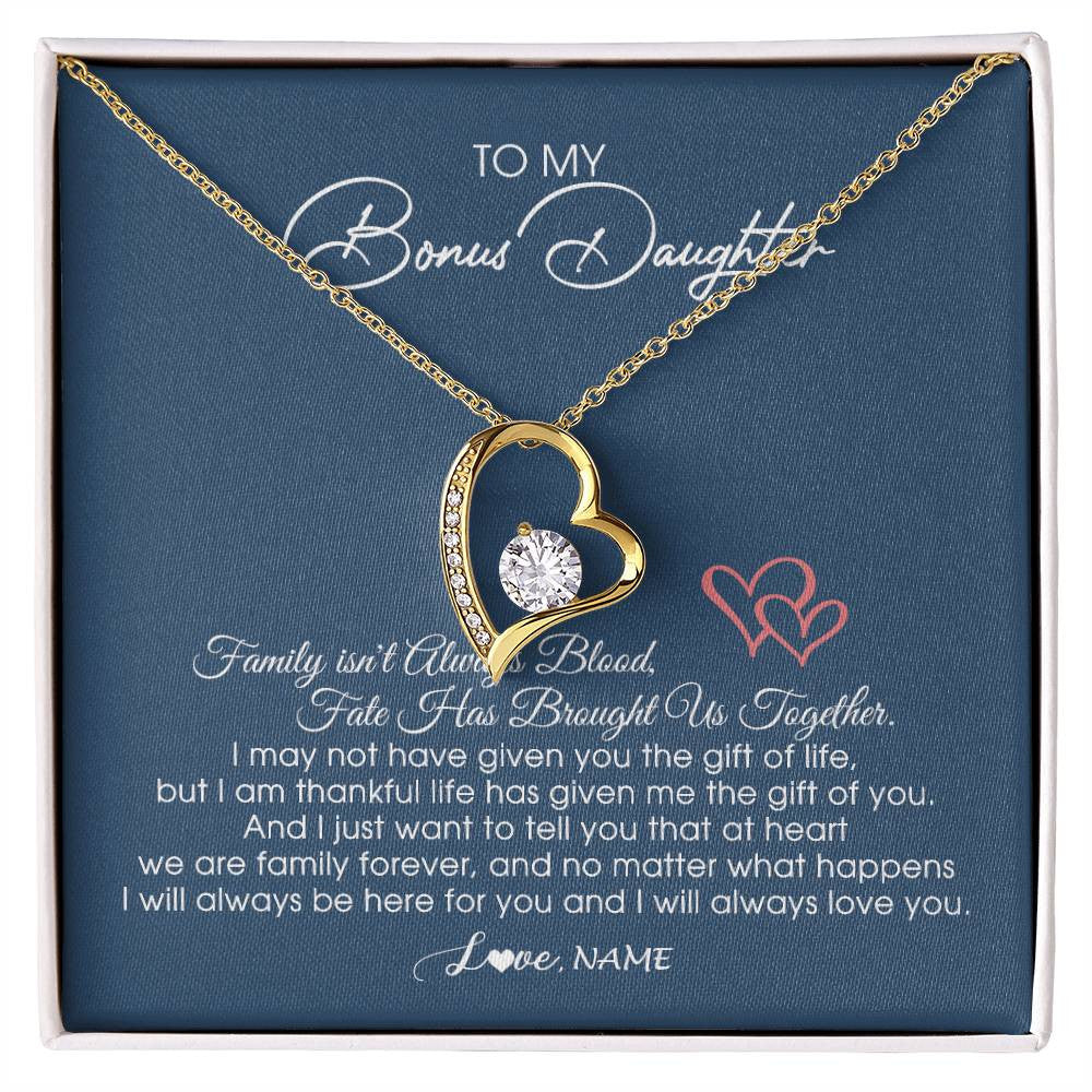 Forever Love Necklace 18K Yellow Gold Finish | Personalized To My Bonus Daughter Necklace From Mom Dad We Are Family Forever Jewelry Step Daughter Pendant Birthday Christmas Customized Gift Box Message Card | teecentury