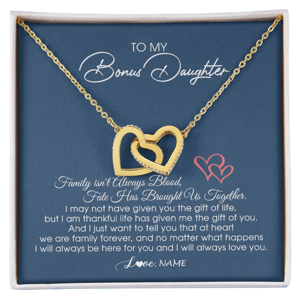 Interlocking Hearts Necklace 18K Yellow Gold Finish | Personalized To My Bonus Daughter Necklace From Mom Dad We Are Family Forever Jewelry Step Daughter Pendant Birthday Christmas Customized Gift Box Message Card | teecentury