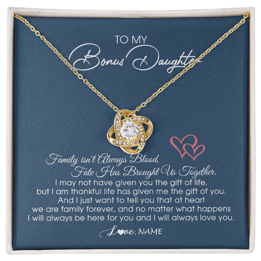 Love Knot Necklace 18K Yellow Gold Finish | Personalized To My Bonus Daughter Necklace From Mom Dad We Are Family Forever Jewelry Step Daughter Pendant Birthday Christmas Customized Gift Box Message Card | teecentury