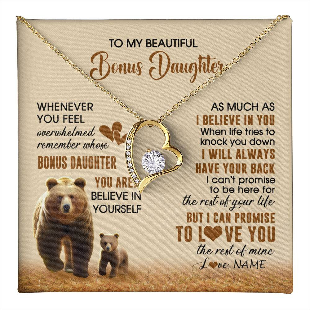 Forever Love Necklace 18K Yellow Gold Finish | 1 | Personalized To My Bonus Daughter Necklace From StepMom Dad Whenever You Feel Bear Stepdaughter Birthday Gifts Gifts Christmas Customized Gift Box Message Card | teecentury