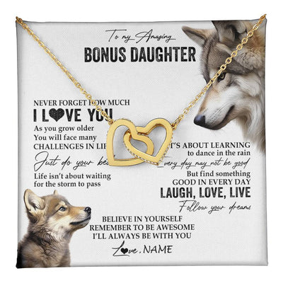 Interlocking Hearts Necklace 18K Yellow Gold Finish | 1 | Personalized To My Bonus Daughter Necklace From StepMom Just Do You Best Laugh Love Live Wolf Stepdaughter Birthday Christmas Customized Gift Box Message Card | teecentury