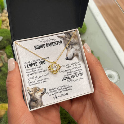 Love Knot Necklace 18K Yellow Gold Finish | 2 | Personalized To My Bonus Daughter Necklace From StepMom Just Do You Best Laugh Love Live Wolf Stepdaughter Birthday Christmas Customized Gift Box Message Card | teecentury