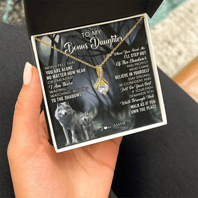 Alluring Beauty Necklace 18K Yellow Gold Finish | 2 | Personalized To My Bonus Daughter Necklace From Step Dad Mom Never Feel That You Are Alone Wolf Birthday Jewelry Christmas Customized Gift Box Message Card | teecentury