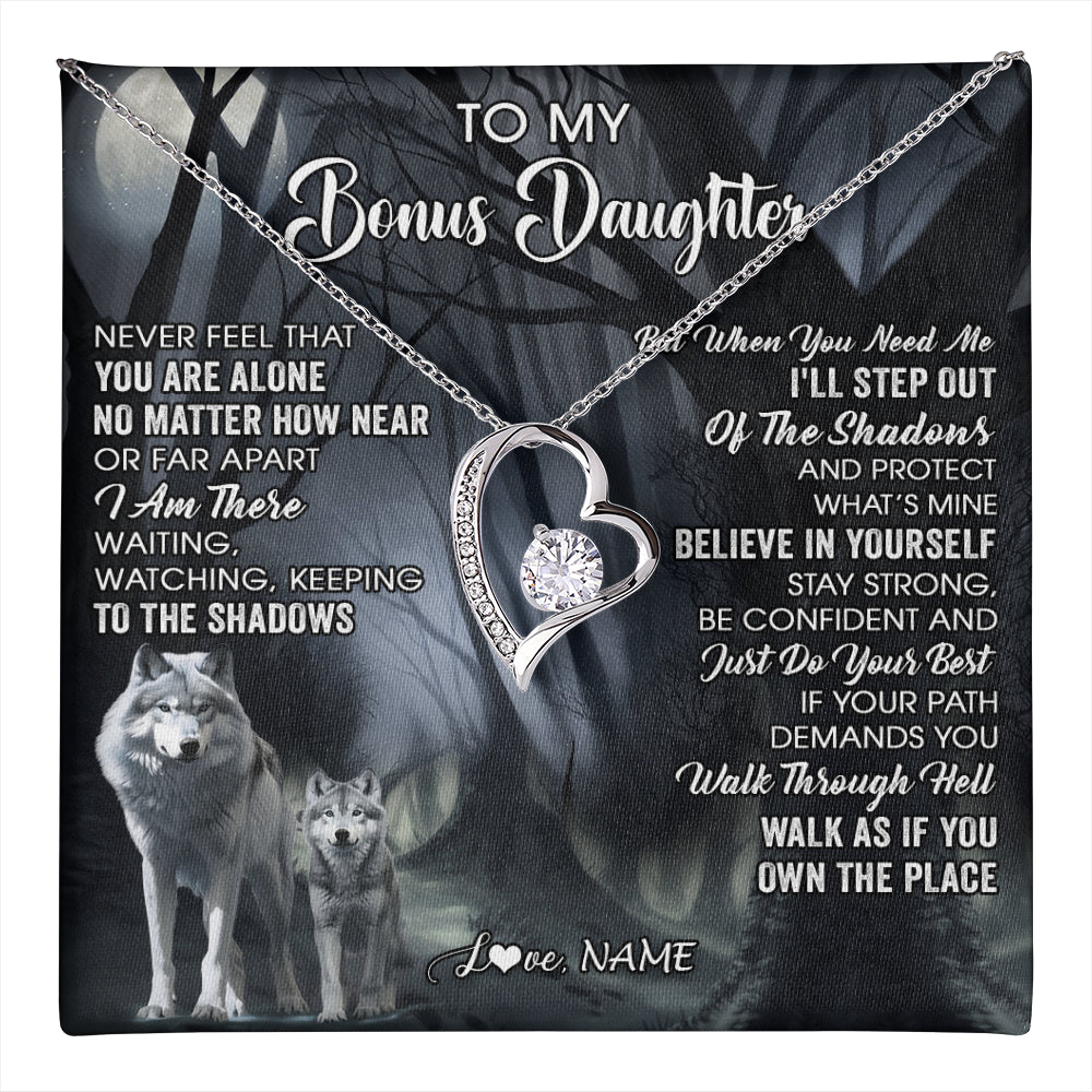 Forever Love Necklace 14K White Gold Finish | 1 | Personalized To My Bonus Daughter Necklace From Step Dad Mom Never Feel That You Are Alone Wolf Birthday Jewelry Christmas Customized Gift Box Message Card | teecentury