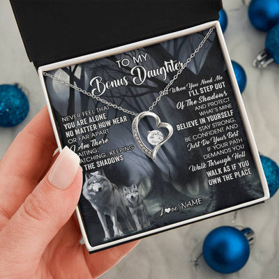 Forever Love Necklace 14K White Gold Finish | 2 | Personalized To My Bonus Daughter Necklace From Step Dad Mom Never Feel That You Are Alone Wolf Birthday Jewelry Christmas Customized Gift Box Message Card | teecentury
