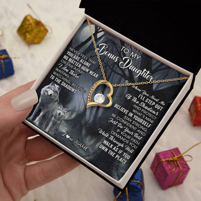 Forever Love Necklace 18K Yellow Gold Finish | 2 | Personalized To My Bonus Daughter Necklace From Step Dad Mom Never Feel That You Are Alone Wolf Birthday Jewelry Christmas Customized Gift Box Message Card | teecentury