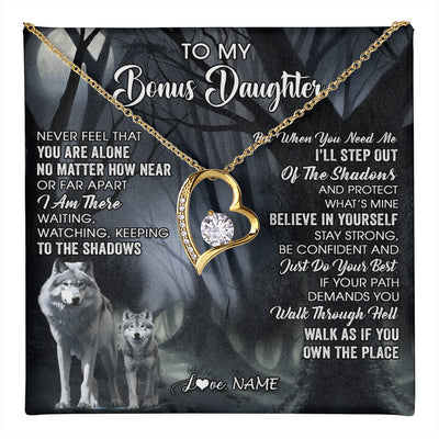 Forever Love Necklace 18K Yellow Gold Finish | 1 | Personalized To My Bonus Daughter Necklace From Step Dad Mom Never Feel That You Are Alone Wolf Birthday Jewelry Christmas Customized Gift Box Message Card | teecentury