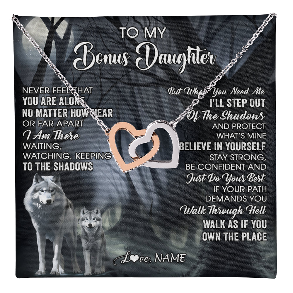 Interlocking Hearts Necklace Stainless Steel & Rose Gold Finish | 1 | Personalized To My Bonus Daughter Necklace From Step Dad Mom Never Feel That You Are Alone Wolf Birthday Jewelry Christmas Customized Gift Box Message Card | teecentury