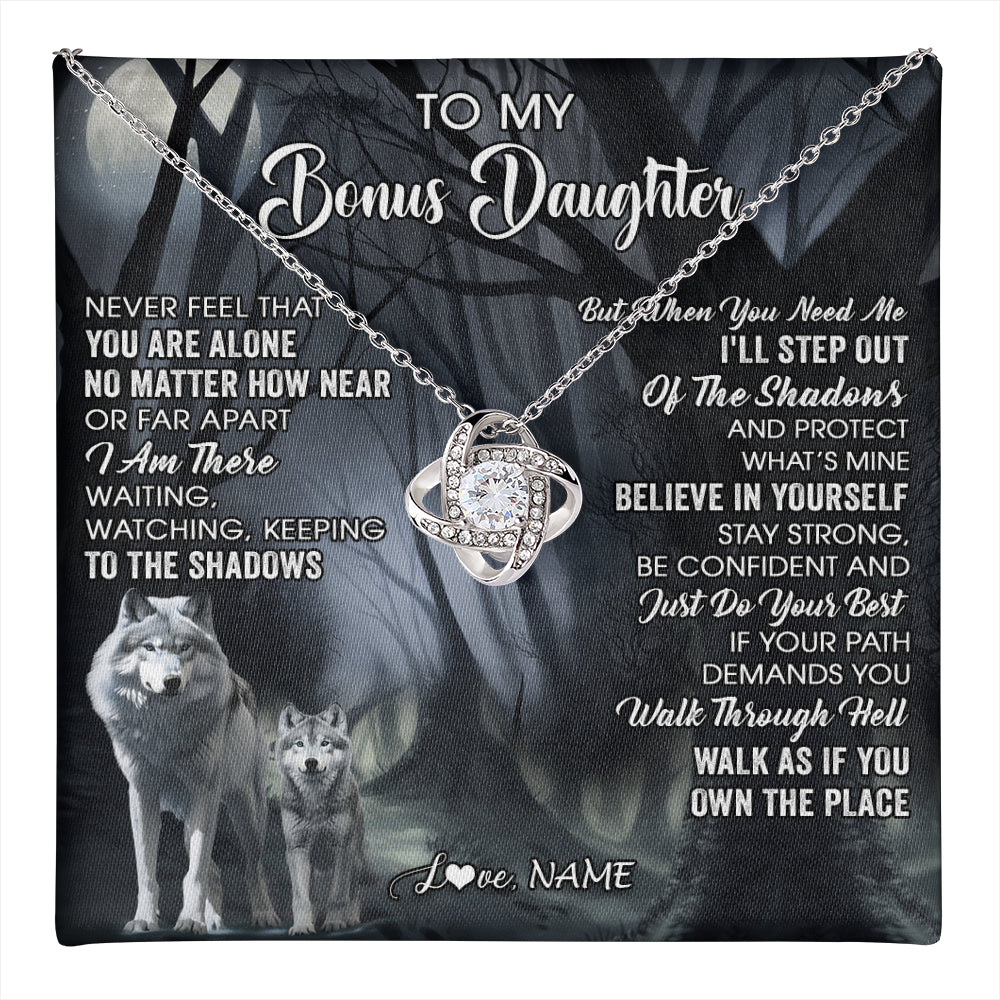 Love Knot Necklace 14K White Gold Finish | 1 | Personalized To My Bonus Daughter Necklace From Step Dad Mom Never Feel That You Are Alone Wolf Birthday Jewelry Christmas Customized Gift Box Message Card | teecentury