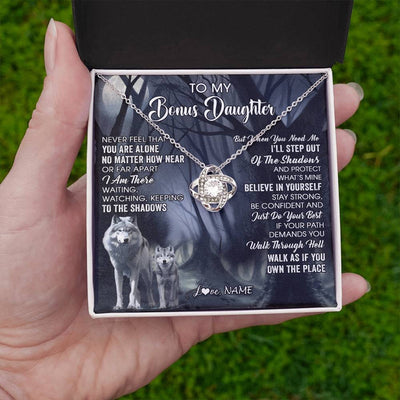 Love Knot Necklace 14K White Gold Finish | 2 | Personalized To My Bonus Daughter Necklace From Step Dad Mom Never Feel That You Are Alone Wolf Birthday Jewelry Christmas Customized Gift Box Message Card | teecentury