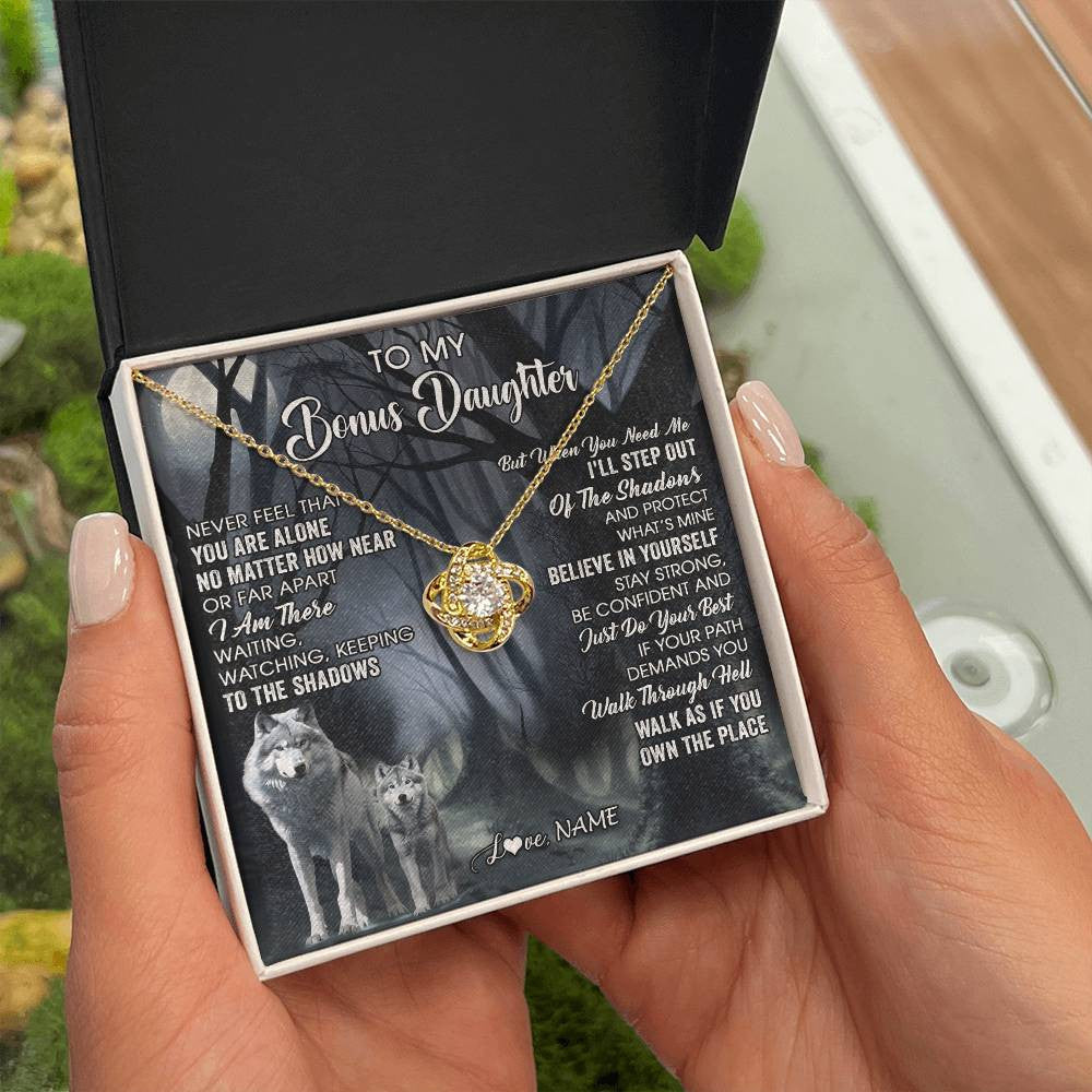 Love Knot Necklace 18K Yellow Gold Finish | 2 | Personalized To My Bonus Daughter Necklace From Step Dad Mom Never Feel That You Are Alone Wolf Birthday Jewelry Christmas Customized Gift Box Message Card | teecentury