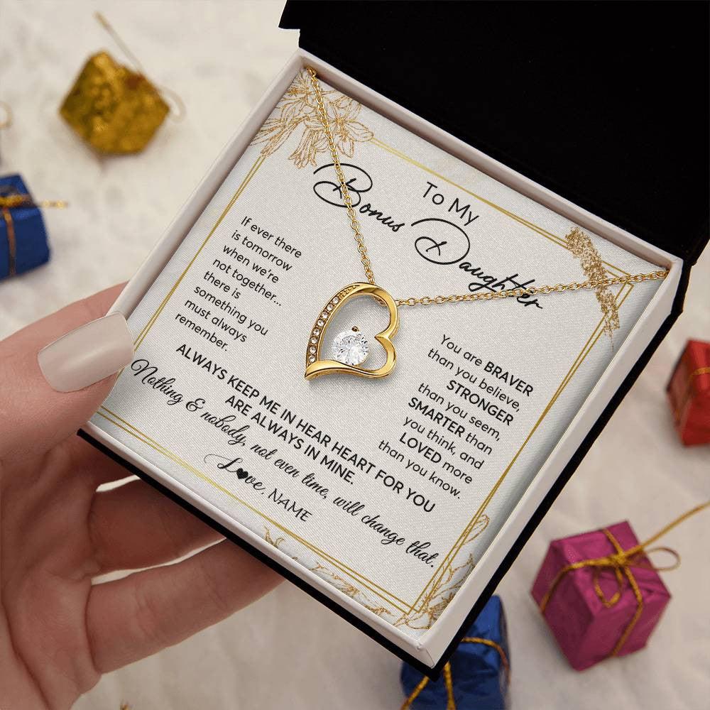 Forever Love Necklace 18K Yellow Gold Finish | 2 | Personalized To My Bonus Daughter Necklace From Step Mom Always Keep Me In Your Heart Step Daughter Birthday Christmas Customized Gift Box Message Card | teecentury