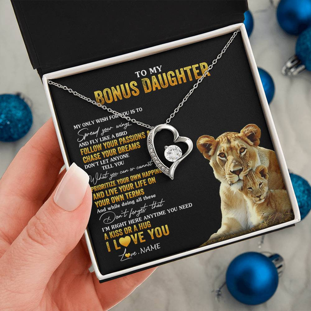 Forever Love Necklace 14K White Gold Finish | 2 | Personalized To My Bonus Daughter Necklace From Step Mom Lion My Only Wish For You Stepdaughter Birthday Graduation Christmas Customized Gift Box Message Card | teecentury