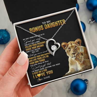 Forever Love Necklace 14K White Gold Finish | 2 | Personalized To My Bonus Daughter Necklace From Step Mom Lion My Only Wish For You Stepdaughter Birthday Graduation Christmas Customized Gift Box Message Card | teecentury