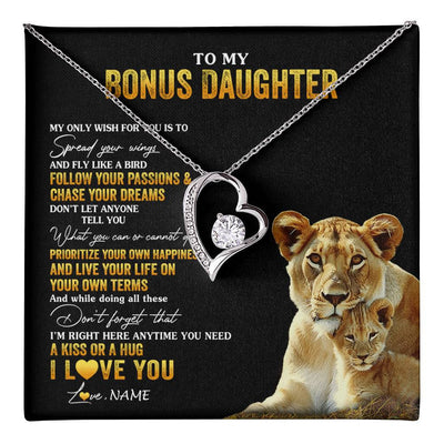 Forever Love Necklace 14K White Gold Finish | 1 | Personalized To My Bonus Daughter Necklace From Step Mom Lion My Only Wish For You Stepdaughter Birthday Graduation Christmas Customized Gift Box Message Card | teecentury