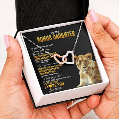 Interlocking Hearts Necklace Stainless Steel & Rose Gold Finish | 2 | Personalized To My Bonus Daughter Necklace From Step Mom Lion My Only Wish For You Stepdaughter Birthday Graduation Christmas Customized Gift Box Message Card | teecentury