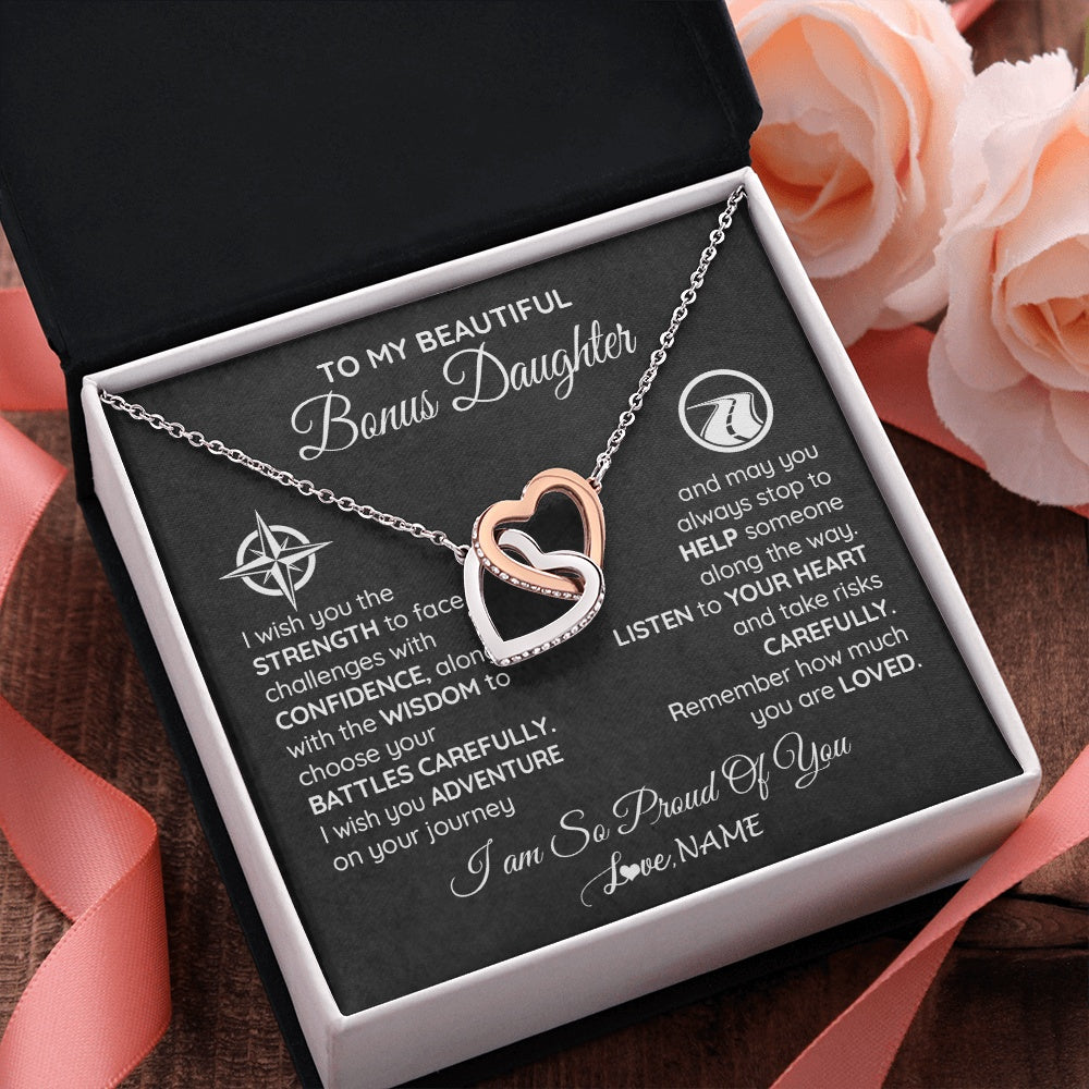 Interlocking Hearts Necklace Stainless Steel & Rose Gold Finish | 2 | Personalized To My Bonus Daughter Necklace From Step Mom Stepdad I Wish You The Strength Birthday Graduation Inspirational Customized Gift Box Message Card | teecentury.myshopify