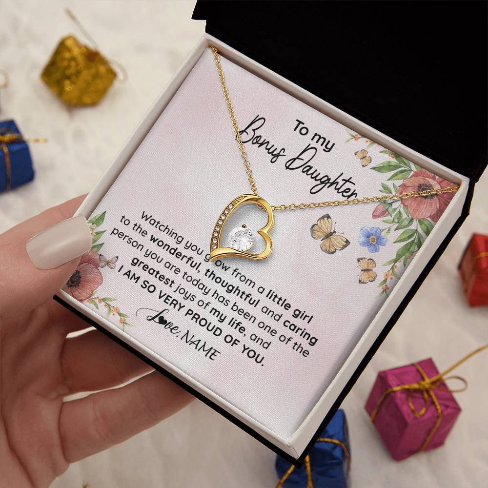 Forever Love Necklace 18K Yellow Gold Finish | 2 | Personalized To My Bonus Daughter Necklace From Step Mom Watching You Grow Stepddaughter Birthday Gifts Jewelry Christmas Customized Gift Box Message Card | teecentury