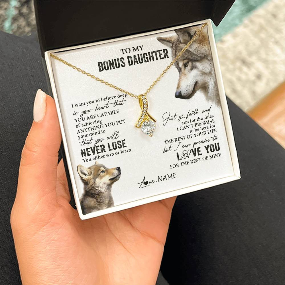 Alluring Beauty Necklace 18K Yellow Gold Finish | 2 | Personalized To My Bonus Daughter Necklace From Step Mom You Will Never Lose Wolf Stepdaughter Birthday Graduation Christmas Customized Gift Box Message Card | teecentury