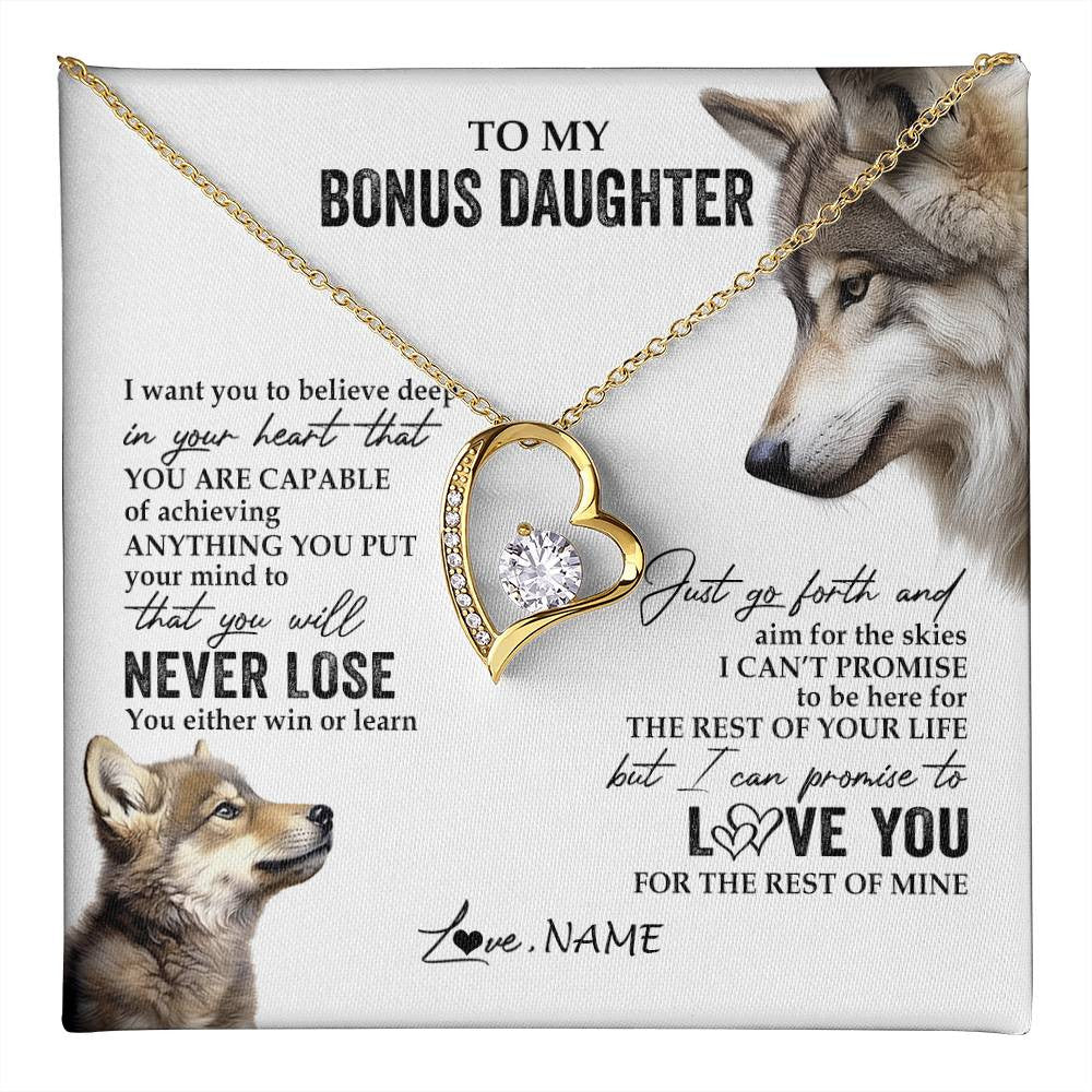 Forever Love Necklace 18K Yellow Gold Finish | 1 | Personalized To My Bonus Daughter Necklace From Step Mom You Will Never Lose Wolf Stepdaughter Birthday Graduation Christmas Customized Gift Box Message Card | teecentury