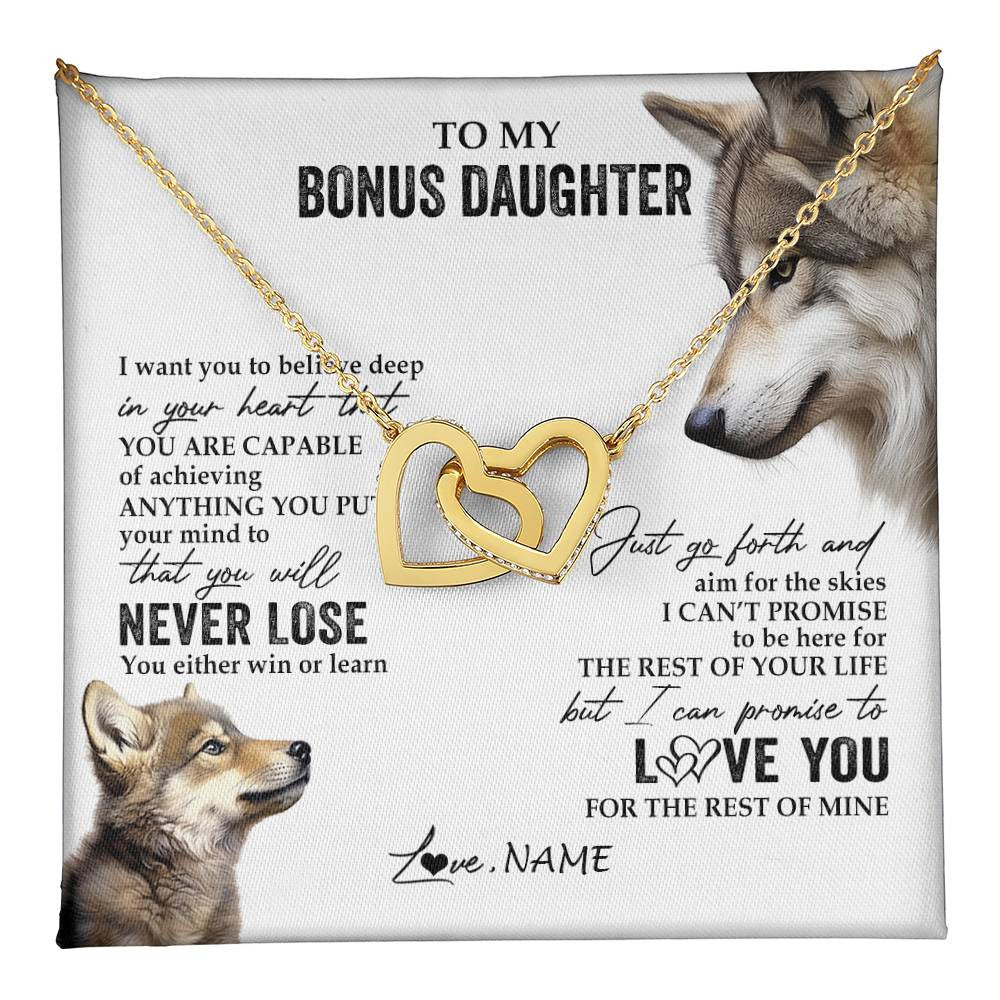 Interlocking Hearts Necklace 18K Yellow Gold Finish | 1 | Personalized To My Bonus Daughter Necklace From Step Mom You Will Never Lose Wolf Stepdaughter Birthday Graduation Christmas Customized Gift Box Message Card | teecentury