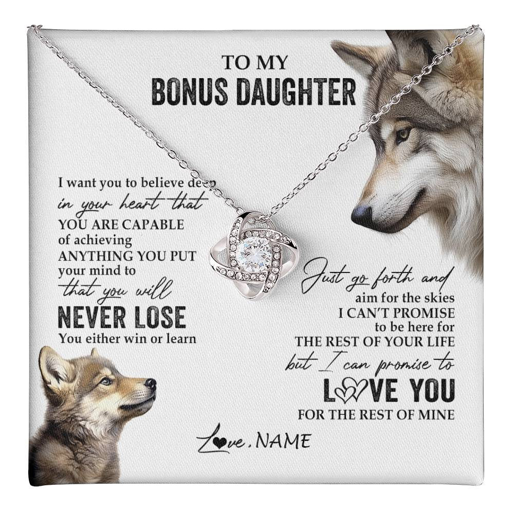 Love Knot Necklace 14K White Gold Finish | 1 | Personalized To My Bonus Daughter Necklace From Step Mom You Will Never Lose Wolf Stepdaughter Birthday Graduation Christmas Customized Gift Box Message Card | teecentury