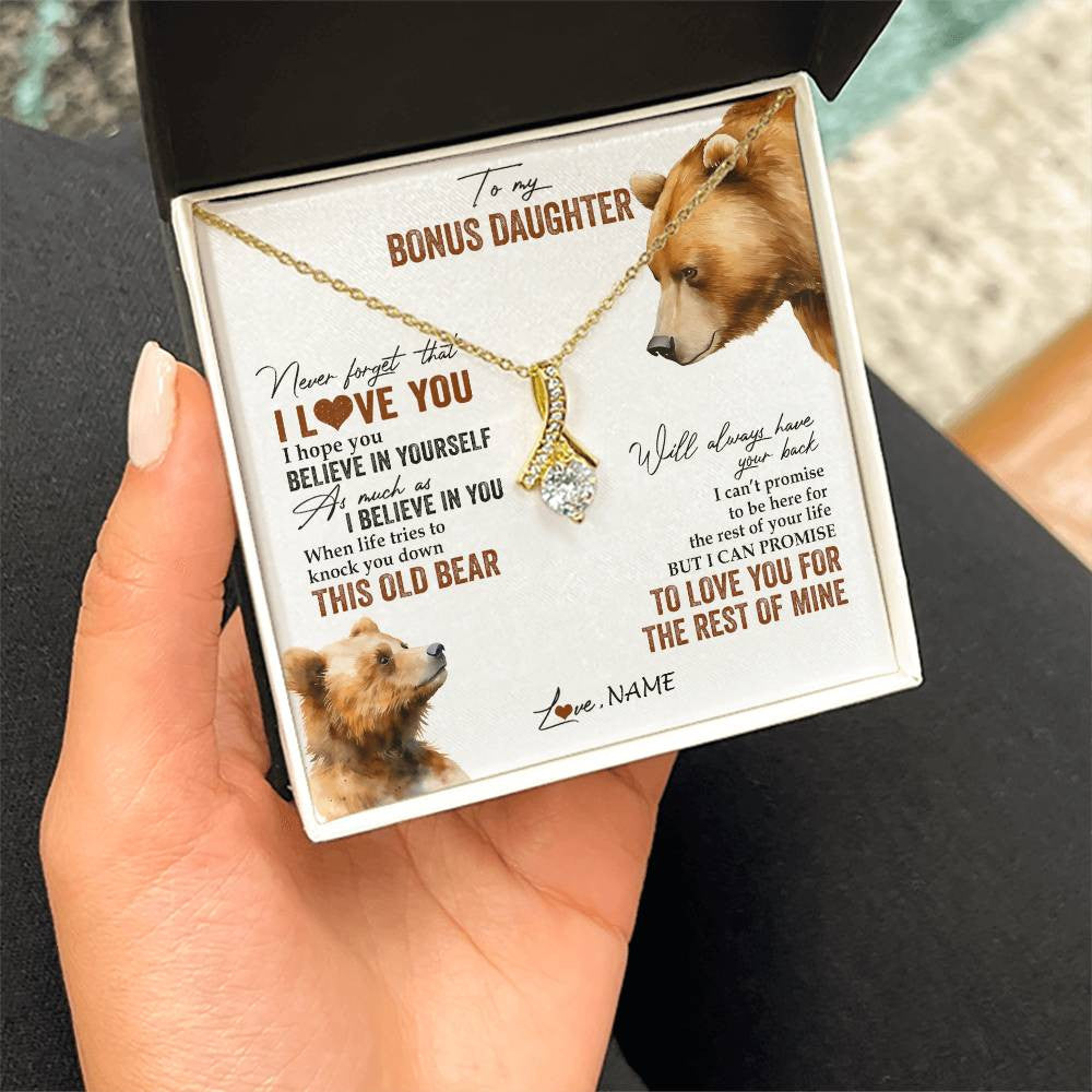 Alluring Beauty Necklace 18K Yellow Gold Finish | 2 | Personalized To My Bonus Daughter Necklace From Step Mother Never Forget That I Love You Bear Stepdaughter Birthday Christmas Customized Gift Box Message Card | teecentury