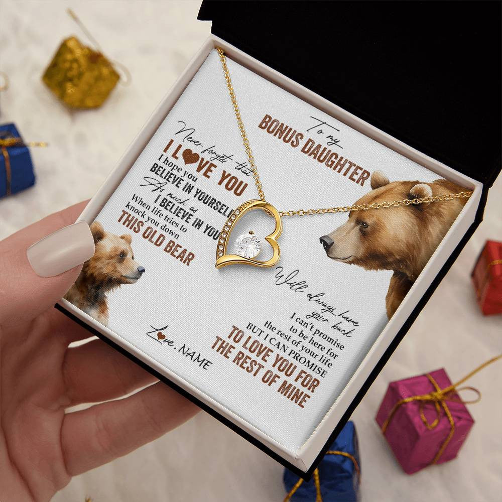 Forever Love Necklace 18K Yellow Gold Finish | 2 | Personalized To My Bonus Daughter Necklace From Step Mother Never Forget That I Love You Bear Stepdaughter Birthday Christmas Customized Gift Box Message Card | teecentury