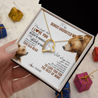 Forever Love Necklace 18K Yellow Gold Finish | 2 | Personalized To My Bonus Daughter Necklace From Step Mother Never Forget That I Love You Bear Stepdaughter Birthday Christmas Customized Gift Box Message Card | teecentury