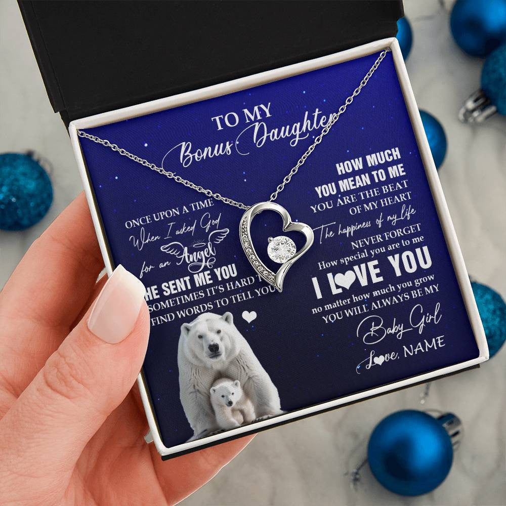 Forever Love Necklace 14K White Gold Finish | 2 | Personalized To My Bonus Daughter Necklace From Step Mother Polar Bear Never Forget I Love You Stepdaughter Birthday Christmas Customized Gift Box Message Card | teecentury