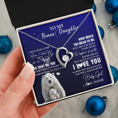 Forever Love Necklace 14K White Gold Finish | 2 | Personalized To My Bonus Daughter Necklace From Step Mother Polar Bear Never Forget I Love You Stepdaughter Birthday Christmas Customized Gift Box Message Card | teecentury