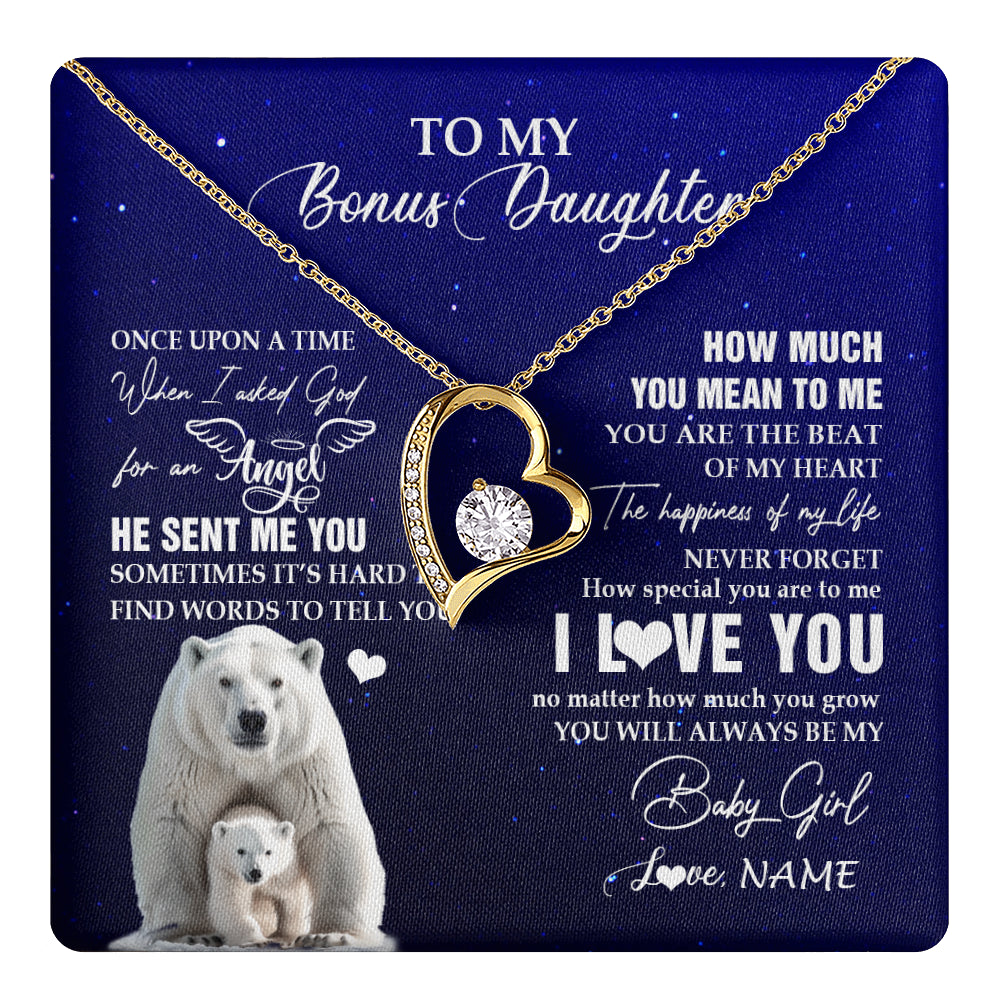 Forever Love Necklace 18K Yellow Gold Finish | 1 | Personalized To My Bonus Daughter Necklace From Step Mother Polar Bear Never Forget I Love You Stepdaughter Birthday Christmas Customized Gift Box Message Card | teecentury