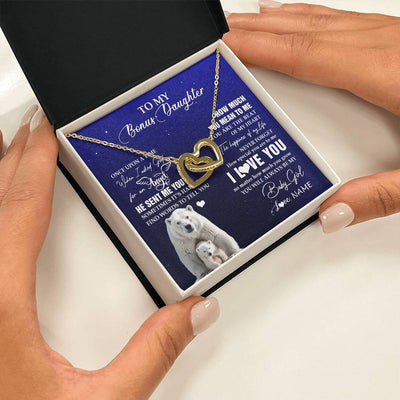 Interlocking Hearts Necklace 18K Yellow Gold Finish | 2 | Personalized To My Bonus Daughter Necklace From Step Mother Polar Bear Never Forget I Love You Stepdaughter Birthday Christmas Customized Gift Box Message Card | teecentury