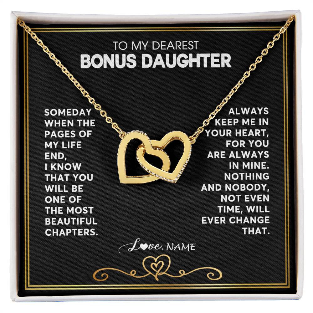 Interlocking Hearts Necklace 18K Yellow Gold Finish | 1 | Personalized To My Bonus Daughter Necklace From Step Mother When The Pages Of My Life End Stepdaughter Birthday Christmas Customized Gift Box Message Card | teecentury